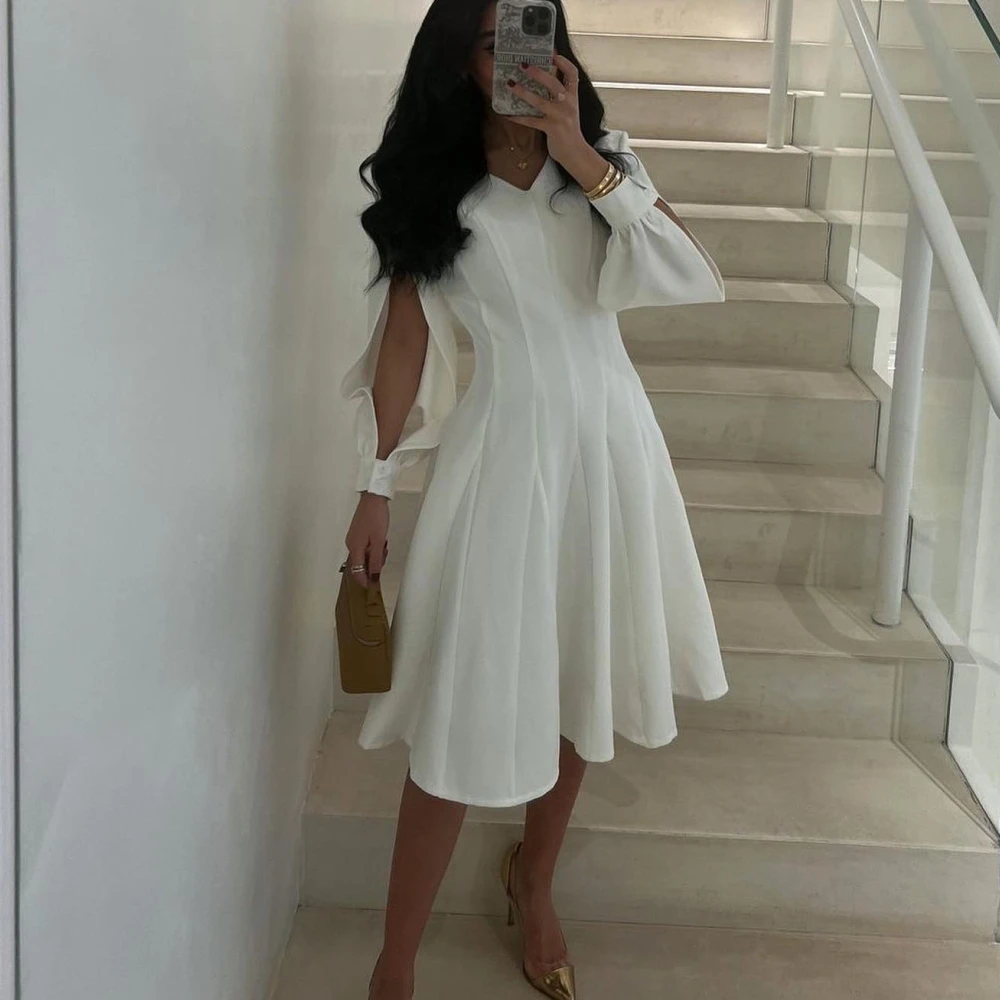 Top Trends: Qcenkern V-Neck A-Line Evening Formal Saudi Arabia Pleated White Long Sleeves Party Dresses Gowns Women Robes De Soirée 2023 Shoppable Styles