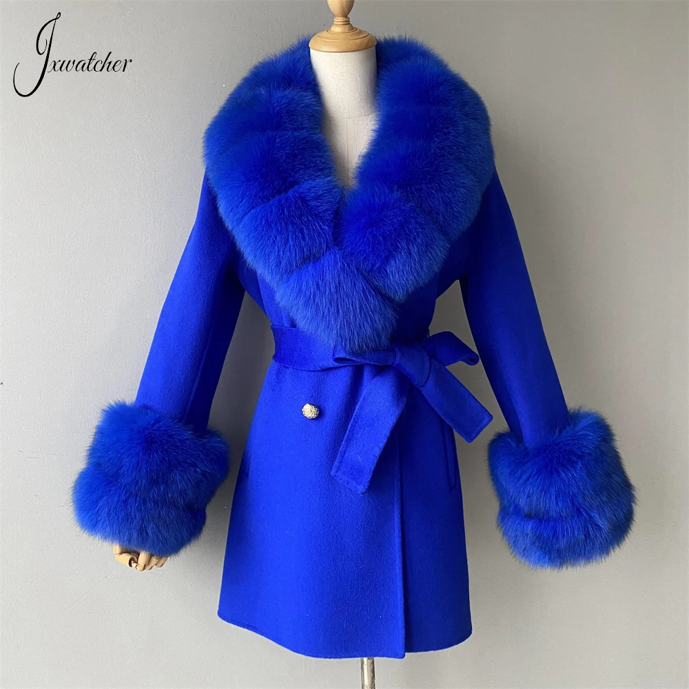 Top Trends: Jxwatcher 2023 New Style Cashmere Coats Real Fox Fur Collar Ladies Mid-length Wool Jacket Winter Elegant Belt Design Outerwear Shoppable Styles