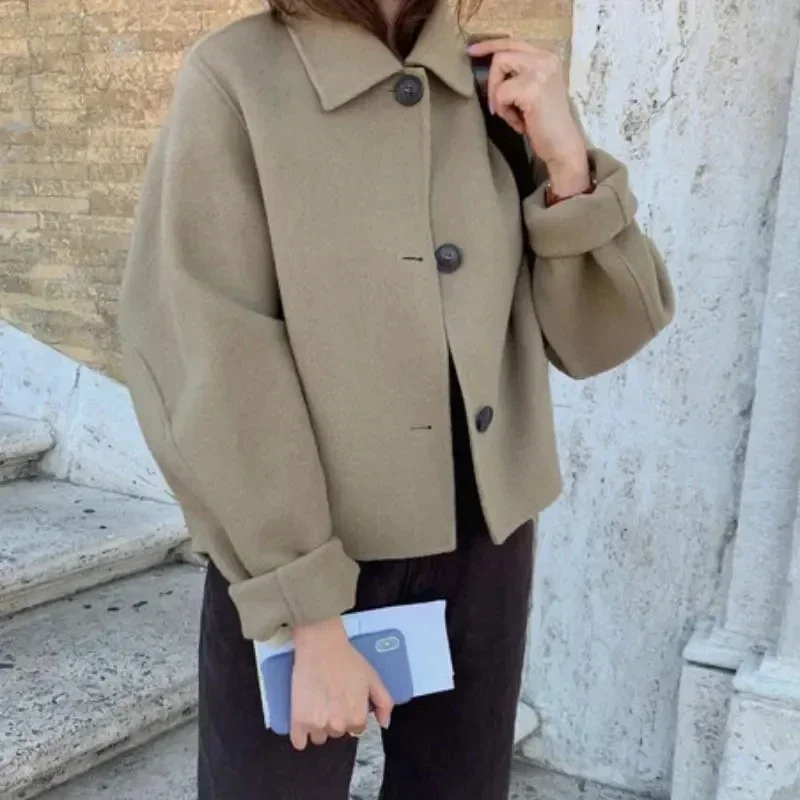 Top Trends: Coat Women Wool Woolen Long Sleeve Overcoat Turn Down Collar Ladies Jacket Khaki 2023 Autumn Winter Short Woolen Top Korean Shoppable Styles - Image 6