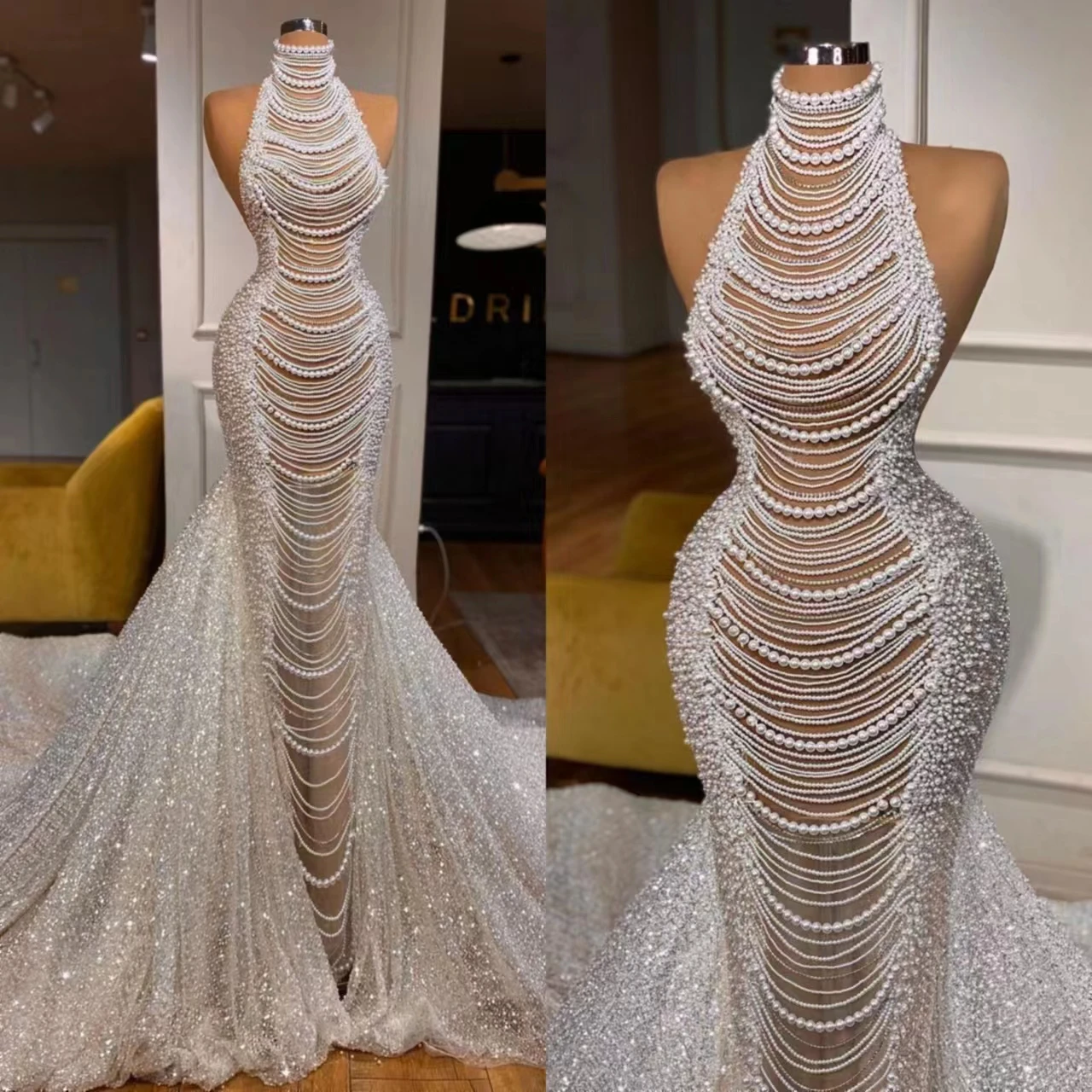 Top Trends: Luxury Mermaid Women Wedding Dress Pearls Sequins Bridal Gown Court Train Halter Slim Fit Dresses Customize Shoppable Styles