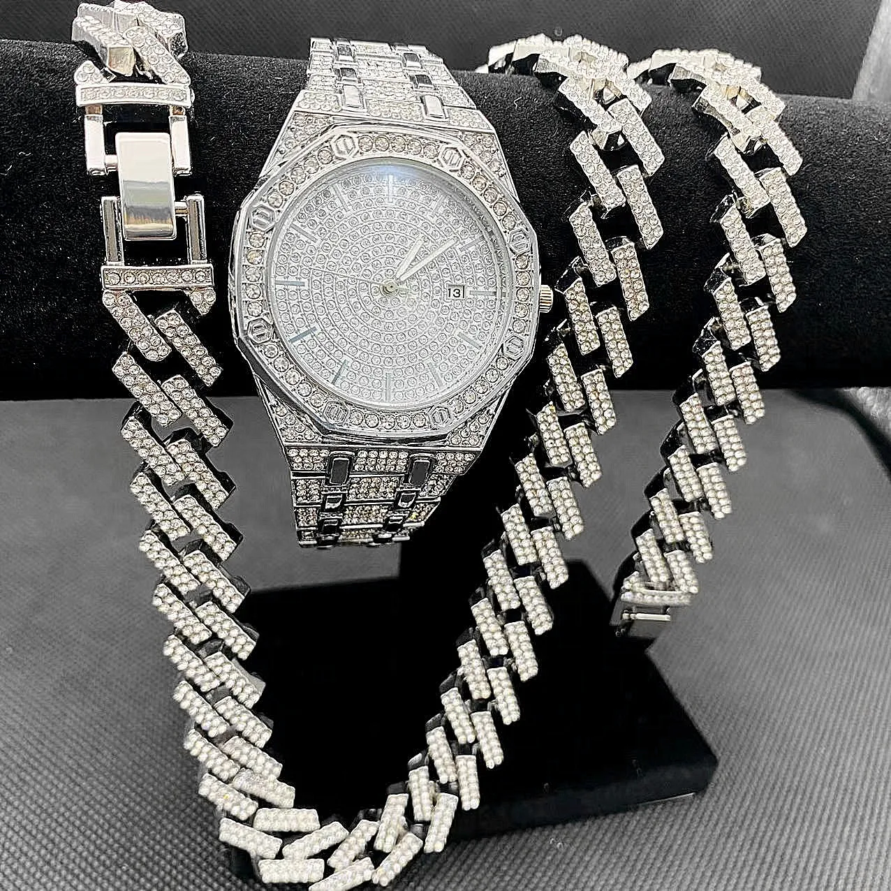 Top Trends: Luxury Mens Hip Hop Jewelry Iced Out Watch Necklace Bracelet Miama Cuban Chain Diamond Watch For Men Gold Watch Set Dropshipping Shoppable Styles