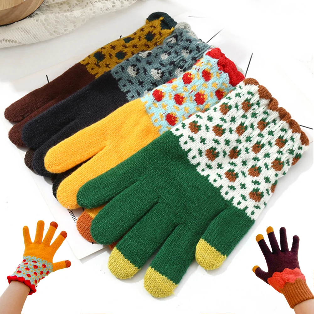 Top Trends: Women‘s Winter Warm Knitted Plush Gloves Cute Patchwork Color Touch Screen Full Fingers Gloves Girls Windproof Furry Mittens Shoppable Styles - Image 3