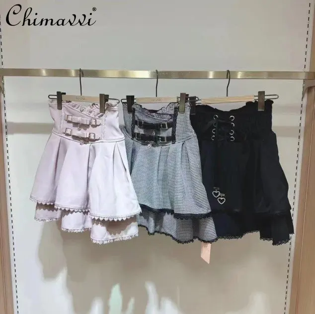 Top Trends: Japanese Mine Style Butterfly Braid Buckle Leather Ring High Waist Skirt Shorts Women 2023 Summer Sweet Pink Lace Pleated Skirt Shoppable Styles