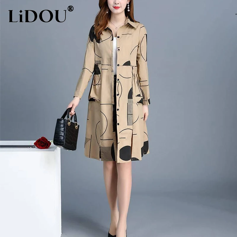 Top Trends: Spring Autumn Polo-neck Fashion Print Loose Casual Trench Lady Long Sleeve Elegant All-match Cardigan Coat Women Bottons Jacket Shoppable Styles