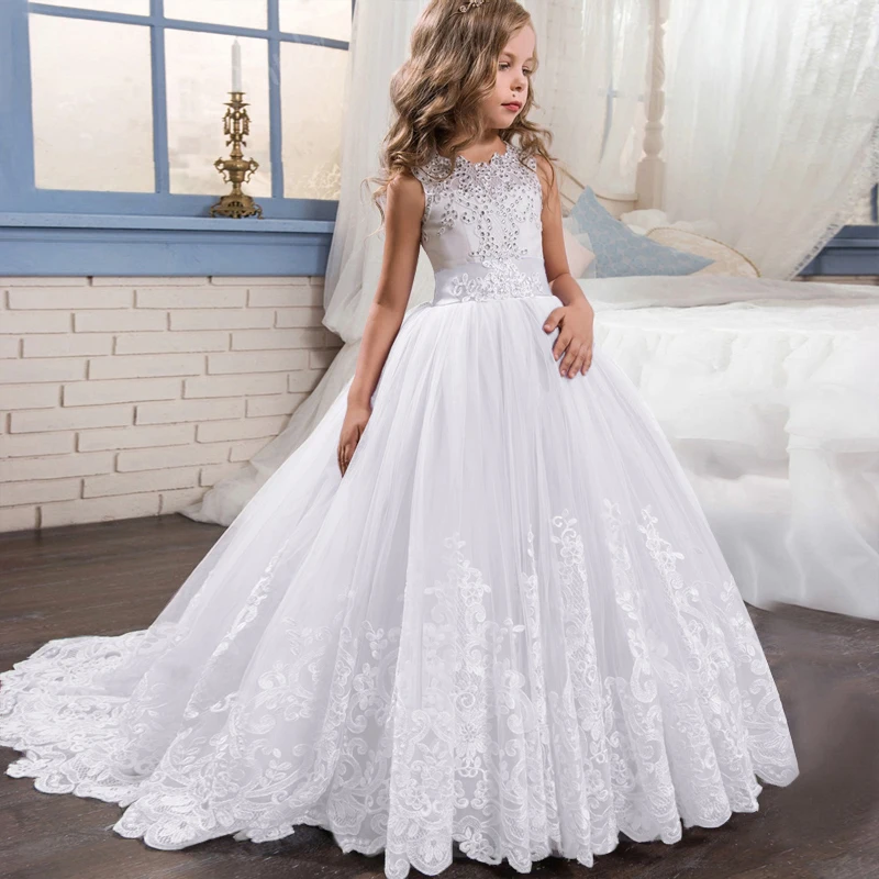 Top Trends: White Dress Long Sleeves Lace Appliques Princess Pageant Birthday Party First Communion Gowns Flower Girl Dresses For Wedding Shoppable Styles