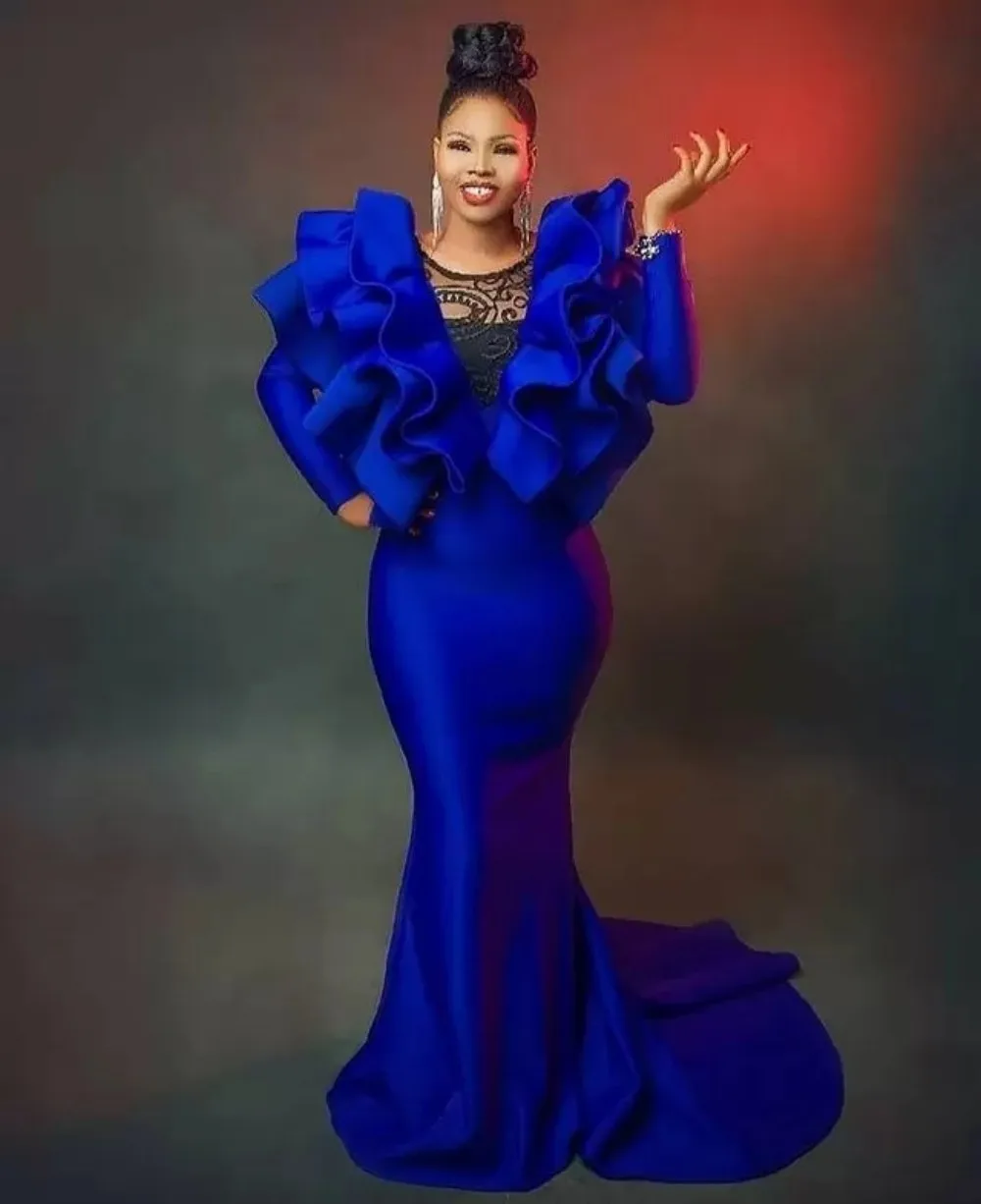 Top Trends: 2023 Plus Size Arabic Aso Ebi Royal Blue Mermaid Prom Dresses Lace Long Sleeves Ruffles Satin Evening Formal Party Gowns Custom Shoppable Styles