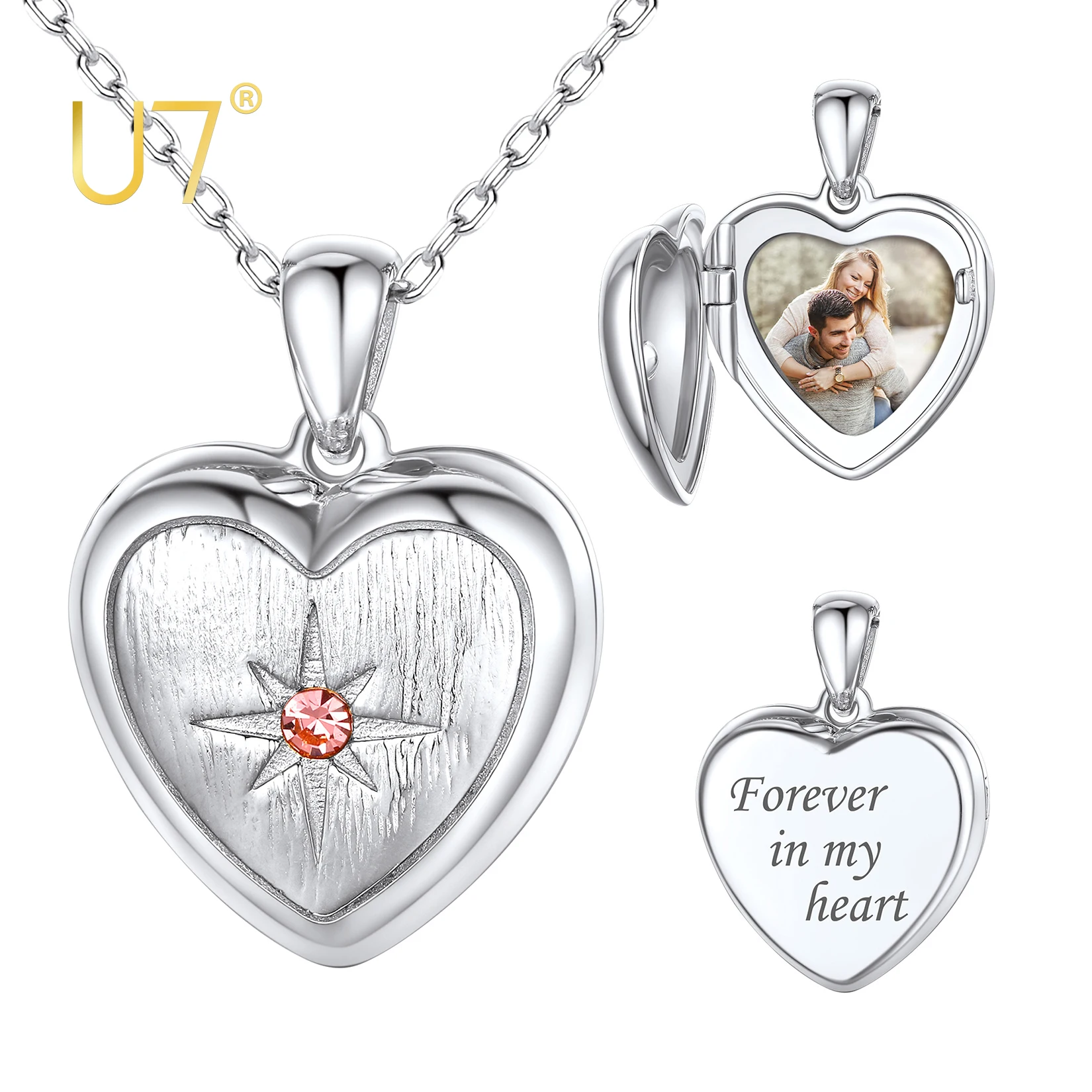 Top Trends: U7 Custom 925 Silver Heart Photo Locket Necklace With Birthstones Laser Engrave Memorial Family Picture Personalized Jewelry Shoppable Styles