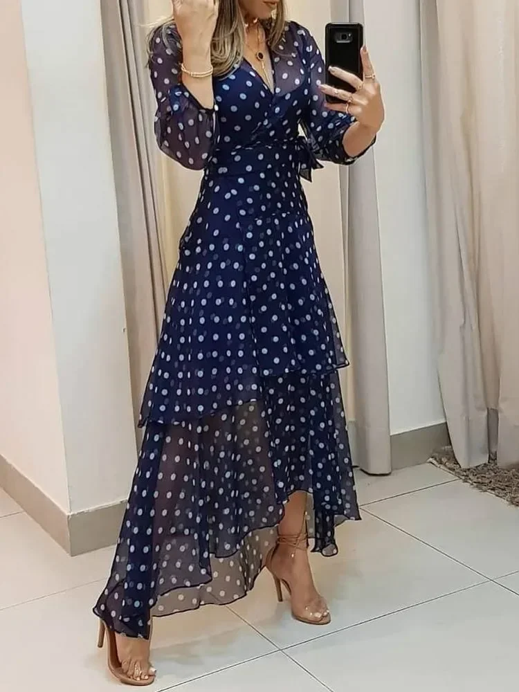 Top Trends: Women Lantern Sleeve Polkadot Print Layered Ruffles Maxi Dress Elegant Fashion Chic Dress Shoppable Styles