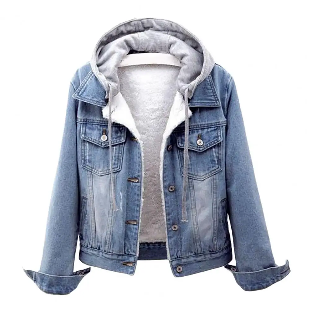 Top Trends: Women Winter Jacket Hooded Solid Long Sleeves Detachable Hat Thick Keep Warm Single-breasted Plus Size Plush Denim Winter Coat Shoppable Styles - Image 5