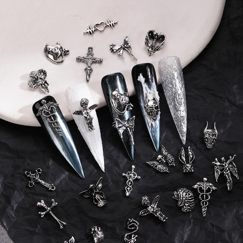 Top Trends: 10pcs Gothic Punk Style Alloy Nail Charms Jesus Catholic Cross Devil Angel Nail Parts DIY Nail Art Decoration Shoppable Styles