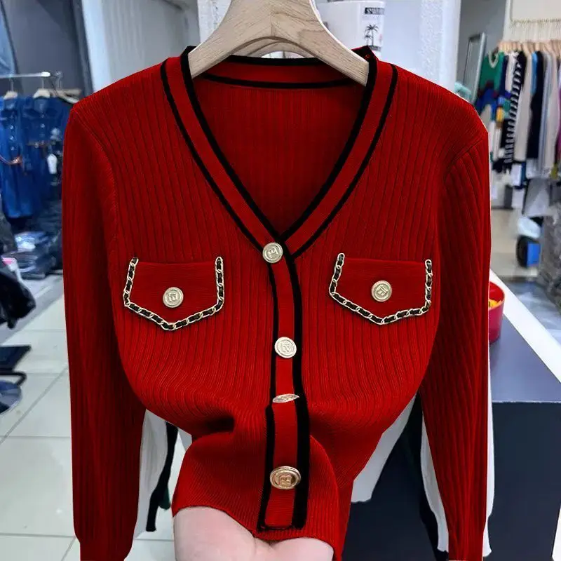 Top Trends: Temperament V Neck Knitting Slim Short Sweaters Spring Autumn New Long Sleeve Button Pullovers Fashion Elegant Women Clothing Shoppable Styles