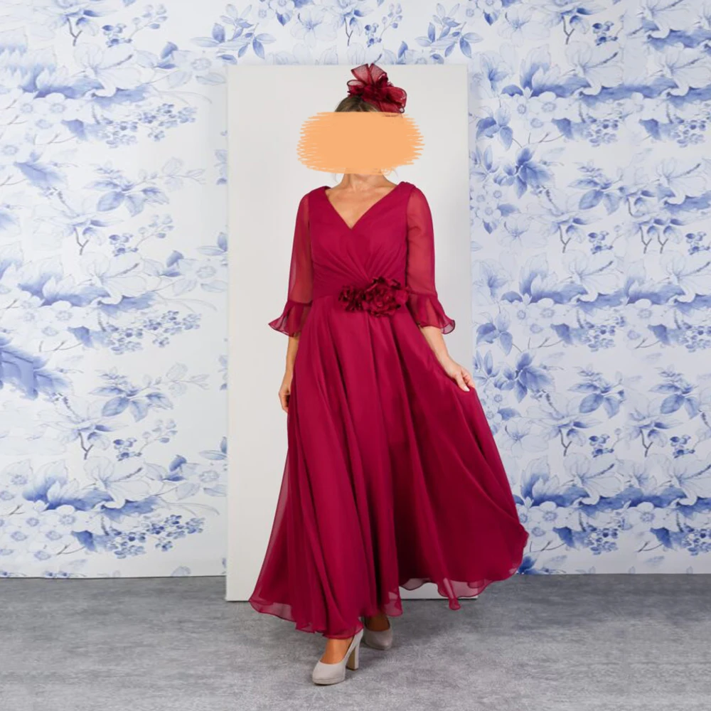 Top Trends: Burgundy Mother Of The Bride Dresses V-Neck Three Quarter Sleeve A-Line Ankle-Length Wedding Guest Gown Simple Chiffon Dress Shoppable Styles