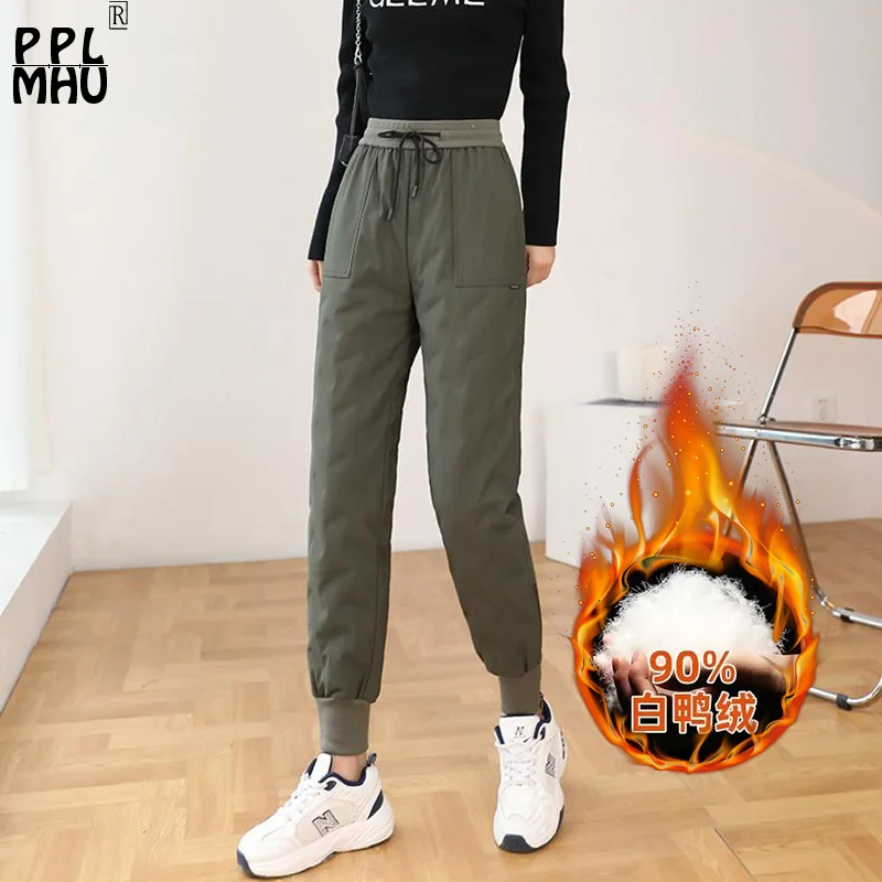 Top Trends: New Winter Down Cotton Cargo Pants Women Drawstring High Waist Harem Warm Pantalones Streetwear Design Zipper Thick Sweatpants Shoppable Styles