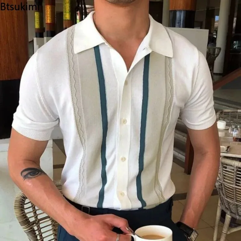 Top Trends: 2024 Summer Men Short-sleeved Knitted Polo Blouse Cardigan Vintage Slim Stretch Tshirts Top Business Casual Male Shirts Clothing Shoppable Styles