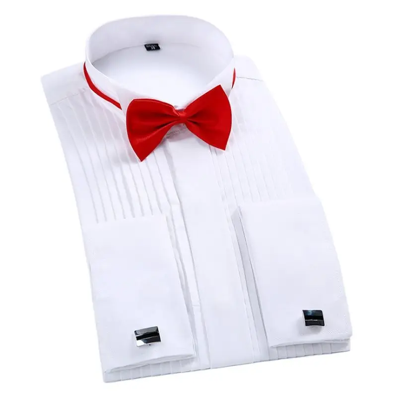 Top Trends: Classic Winged Collar Dress Shirt Men's Wingtip Tuxedo Formal Shirts With Red Black Bow Tie Party Dinner Wedding Tops Shoppable Styles