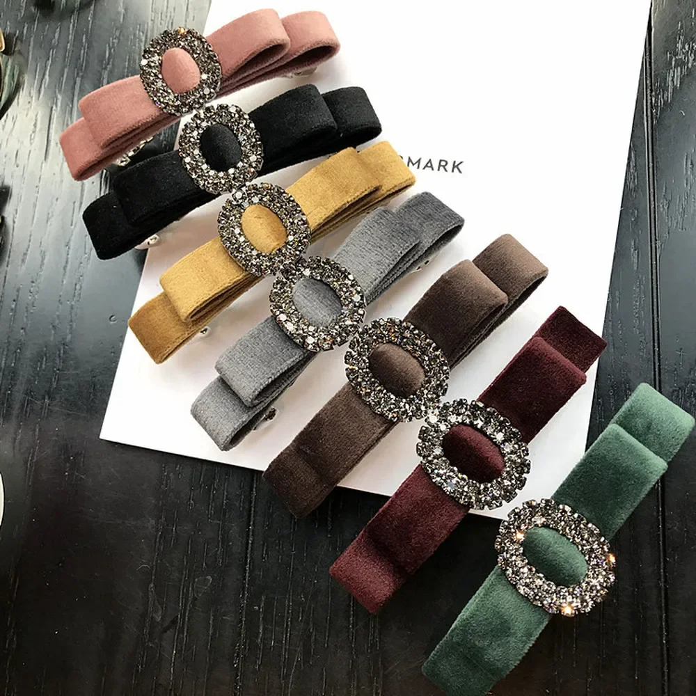 Top Trends: Korean Simple Fabric Velvet Bow Tie Circles Rhinestone Barrettes Hair Clips Pins For Women Fashion Headwear Hair Accessories Shoppable Styles