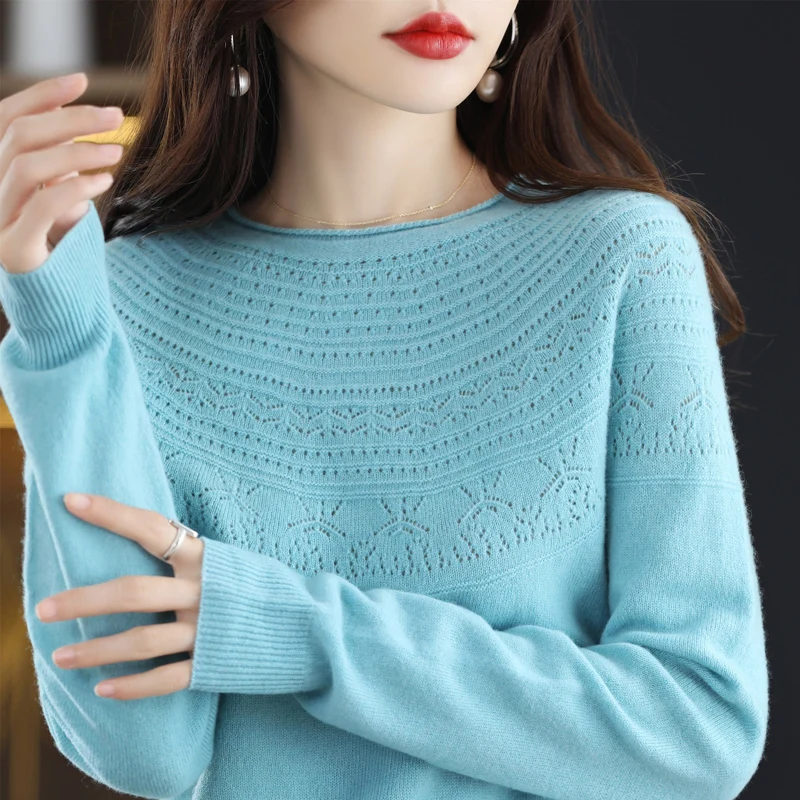 Top Trends: Trendy Style One-Line Ready-To-Wear Pure Wool Sweater Women's Hollow Knitted Pullover Autumn And Winter Rolled Edge O-Neck Top Shoppable Styles - Image 3