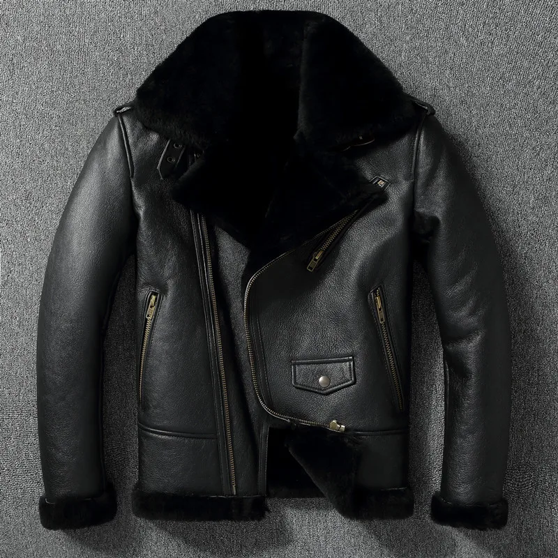 Top Trends: 2023 Thick Wool Warm Coat Diagonal Zip Fur Collar Men's Leather Jacket Black Aviator Winter Coat European Size Shoppable Styles