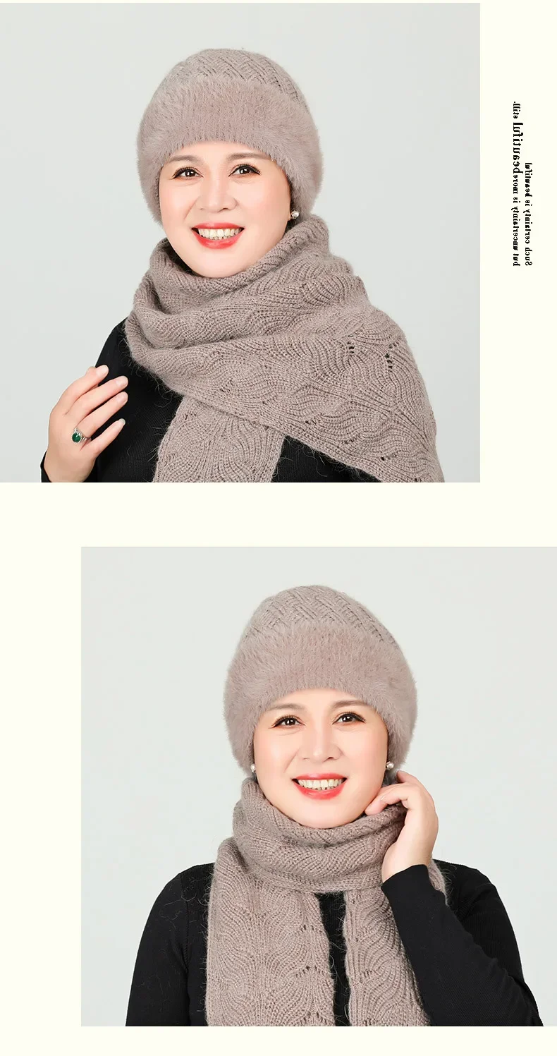 Top Trends: Winter Women Hat Scarf Set Elderly Mother Warm Rabbit Fur Knitted Hats Cashmere Mom Gift Grandma Cap Shoppable Styles - Image 5