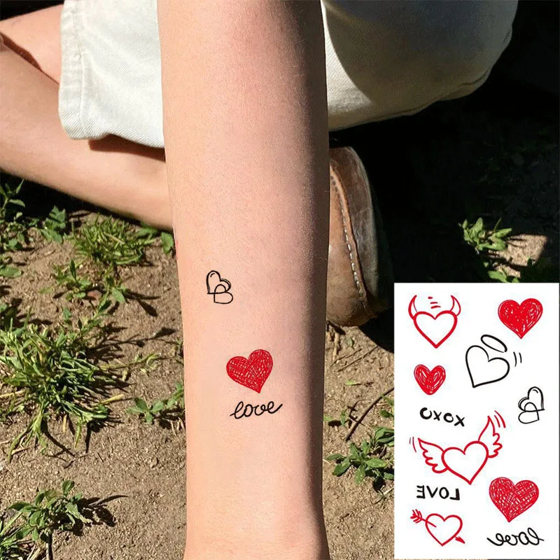 Top Trends: Waterproof Temporary Tatoo Sticker Couple Red Heart Wing &#039;love&#039; Art Tattoo WaterTransfer Fake Flash Tatto For Man Women Shoppable Styles