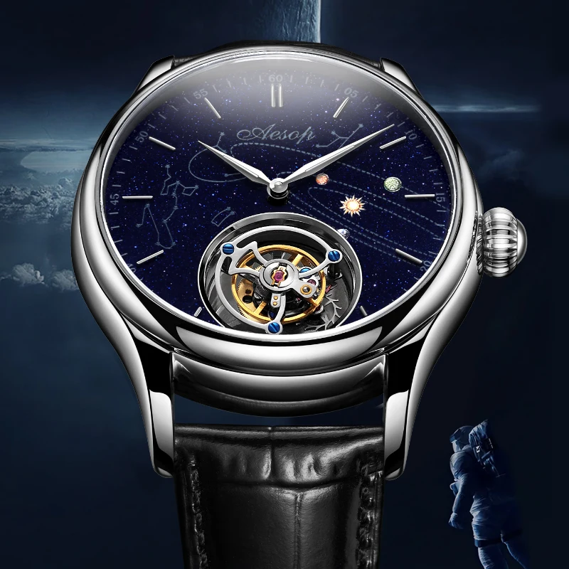 Top Trends: AESOP Men Flying Tourbillon Skeleton Watch Milky Way Star Sapphire Dial Steel Strap Male Pilot Mechanical Wrist Watches 1963 Shoppable Styles