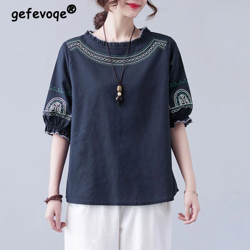 Top Trends: Retro Ethnic Style Embroidery Ruffle Chic Cotton Linen Ladies Tops Blouses Summer Round Neck Loose Half Sleeve Shirts For Women Shoppable Styles