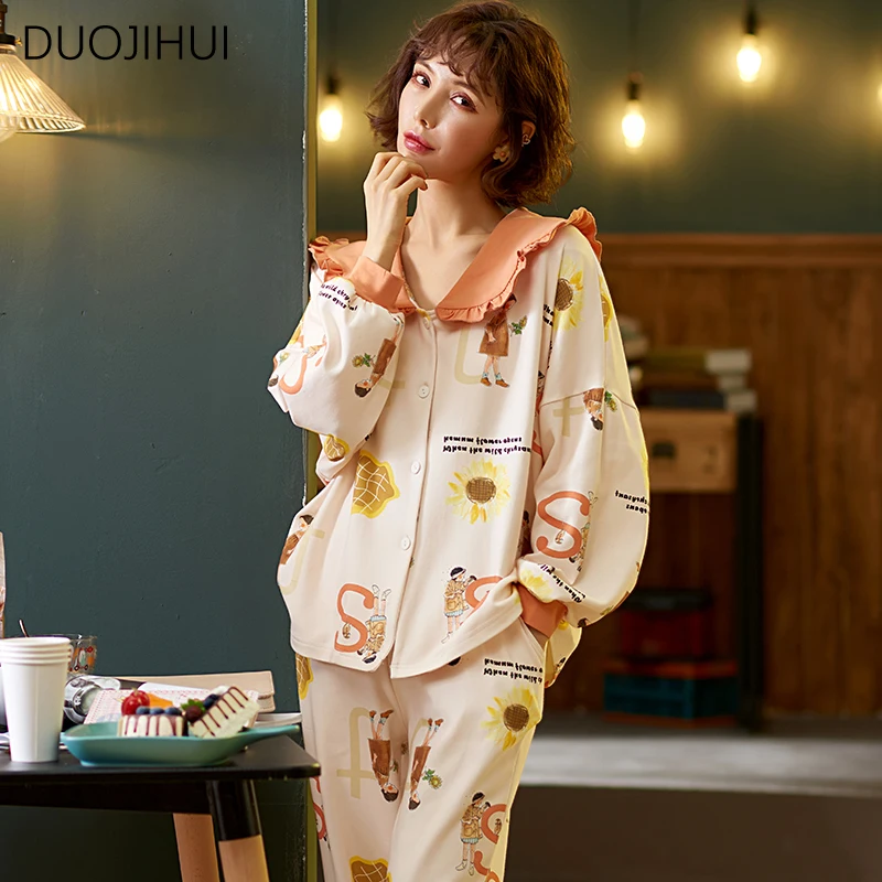 Top Trends: DUOJIHUI Two Piece Chicly Sweet Printing Loose Female Sleepwear Basic Button Cardigan Fashion Pant Casual Home Pajamas For Women Shoppable Styles