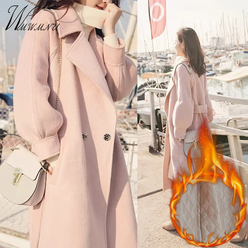 Top Trends: Korean Pink Wool Blend Coats Women Thicken Quilted Belt Woolen Jackets Winter Warm Long Chaquetas New Loose Elegant Overcoat Shoppable Styles