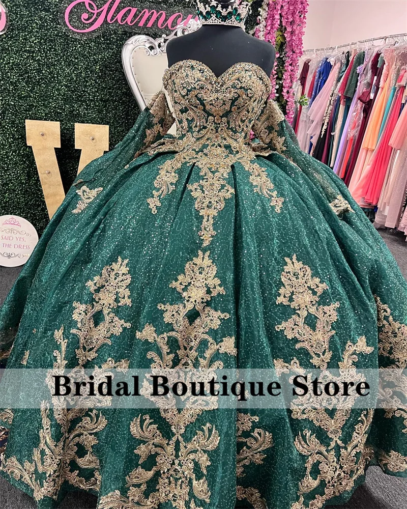 Top Trends: Sparkly Crystals Green Quinceanera Dresses Two Sleeves Golden Appliques Beading Ball Gown Sparkly Crystatls Vestidos De 15 Años Shoppable Styles