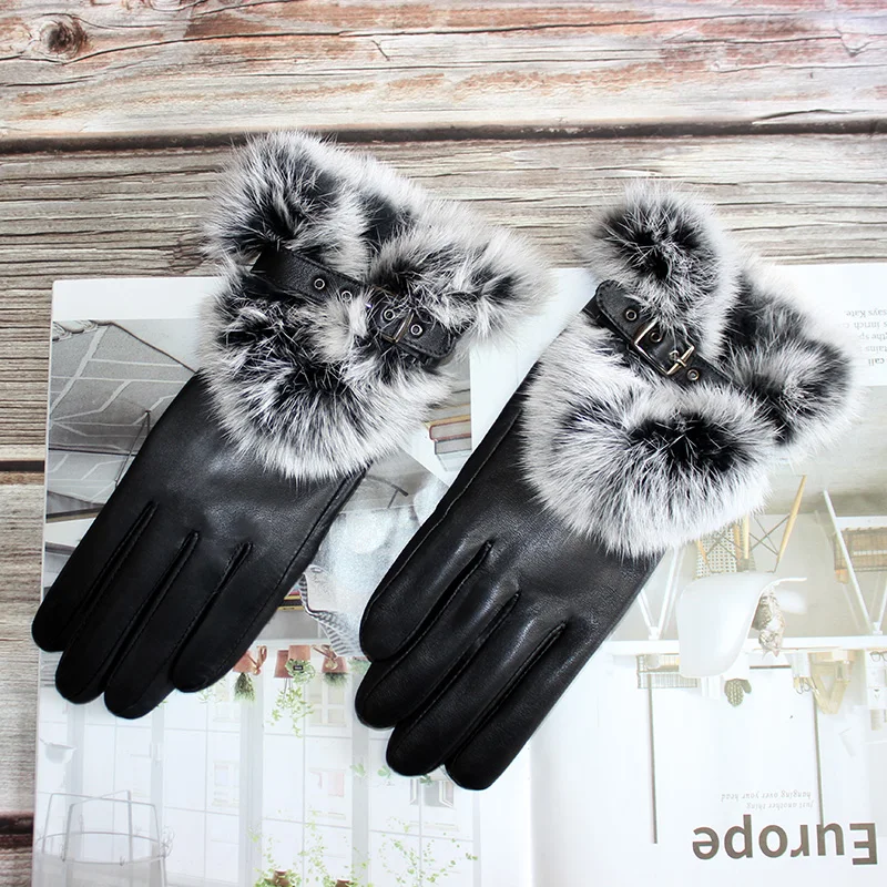 Top Trends: Winter Warm Leather Sheepskin Gloves Women Fashion Thick Rabbit Fur Cuffs Outdoor Windproof Ladies Brown Finger Gloves Shoppable Styles - Image 3