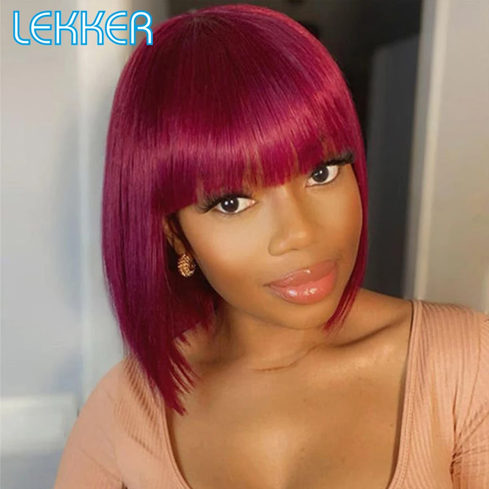 Top Trends: Lekker 99j Burg Red Short Straight Bob Human Hair Wig For Women Brazilian Remy Hair Colored Full Machine Made Bangs Bob 12inch Shoppable Styles