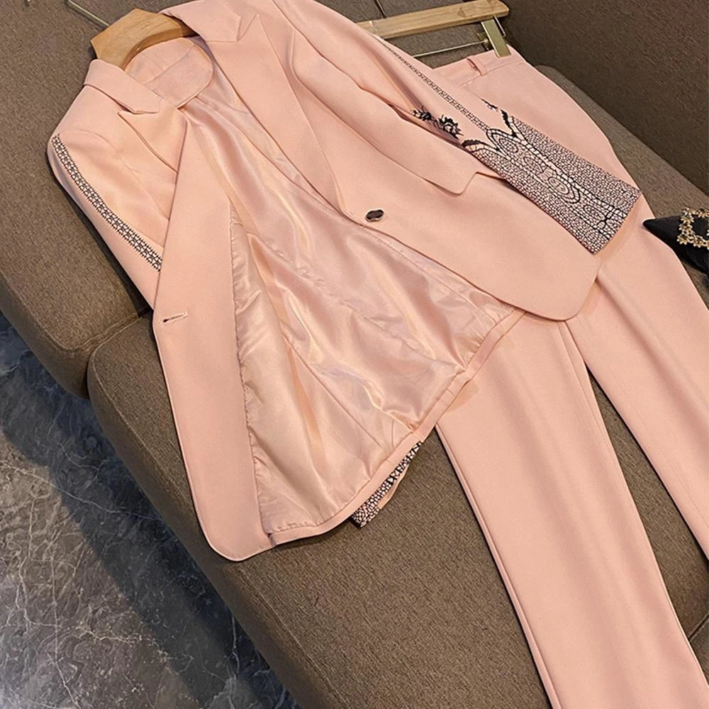 Top Trends: Vintage Printed Full Sleeve Single Button Fashion Elegant Women Pink Blazer Pencil Pants Business Suit Casual 2-Piece Autumn New Shoppable Styles - Image 3