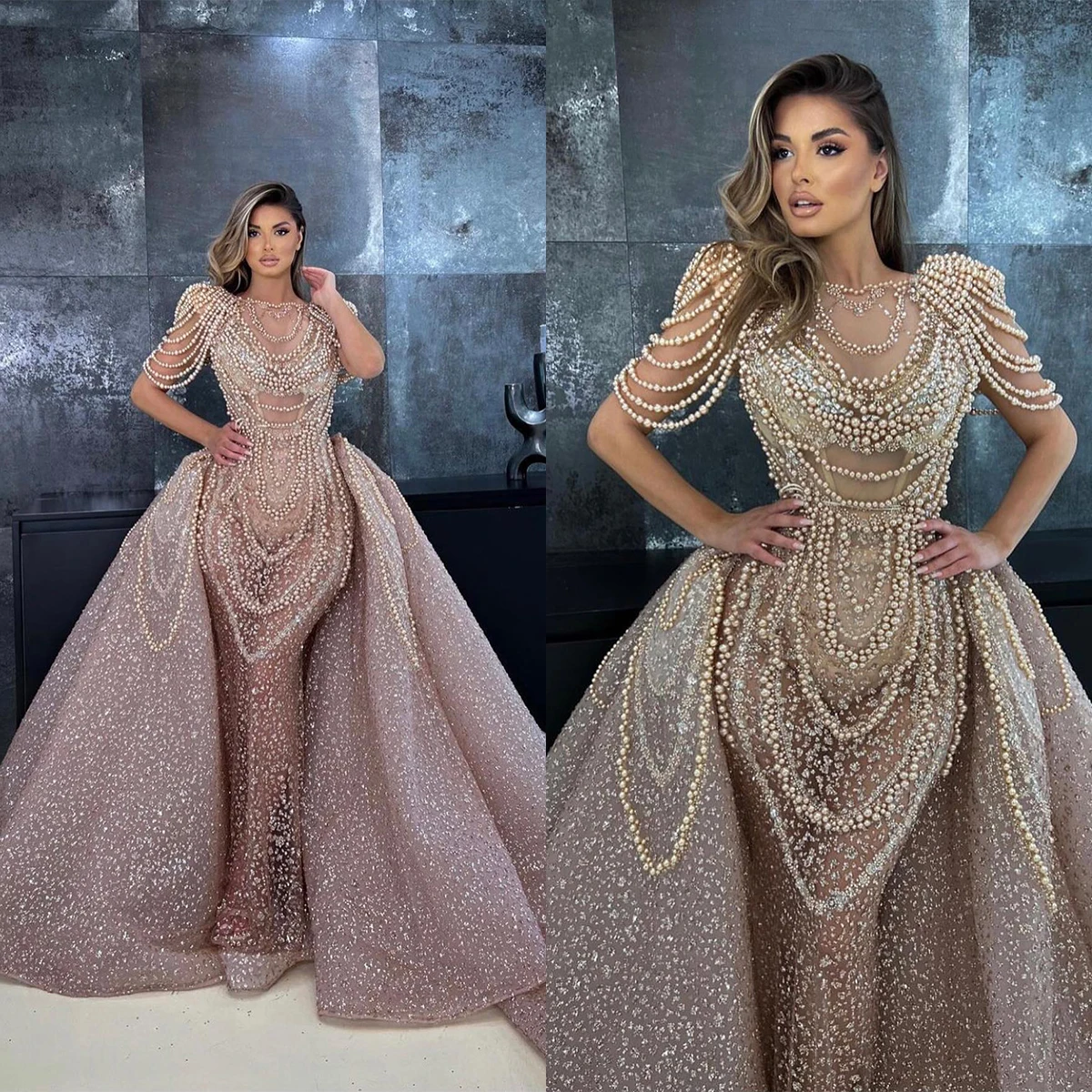 Top Trends: Exquisite Evening Dresses Long Sleeves V Neck Sequins 3D Lace Appliques Beads Pearls Tassel Zipper Deachable Train Prom Dresses Shoppable Styles