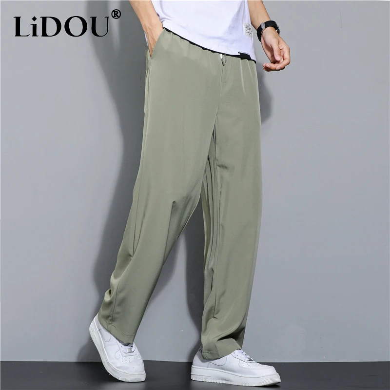 Top Trends: 2023 Summer New Fashion High Street Solid Color Wide Leg Trousers Man Elastic Waist Drawstring Pockets All-match Wide Leg Trouse Shoppable Styles