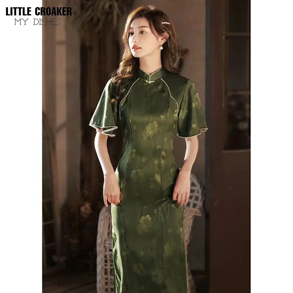 Top Trends: Cheongsam Dress Modern 2024 Women Improved Qipao New Long Waist Chinese Style Dress Sweet Green Chinese Dress Woman Shoppable Styles