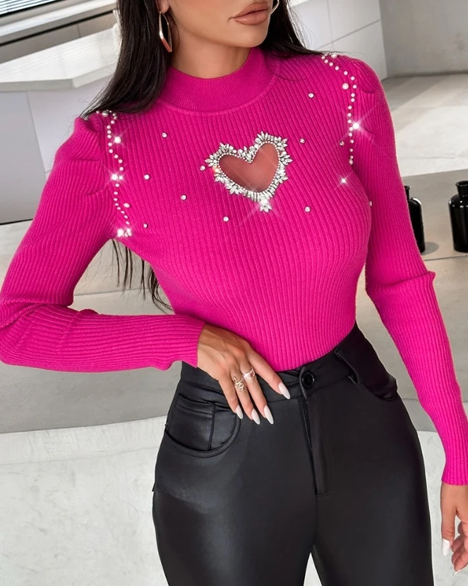 Top Trends: Tops For Women 2023 Winter Blouse Casual Solid Color Rhinestone Hollow Heart Knit Long Sleeve Pullover Skinny Sweater For Women Shoppable Styles