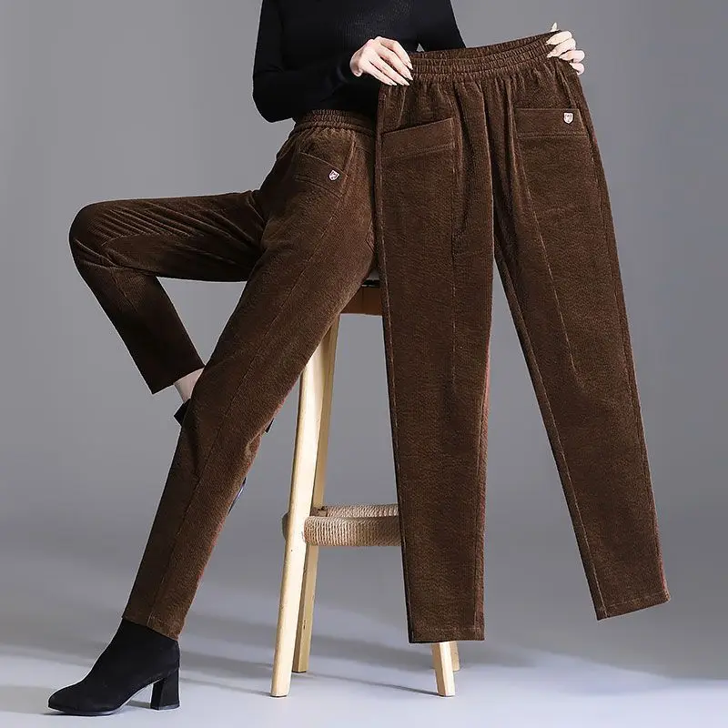 Top Trends: Winter Women's Elastic Waist Solid Pocket Sequined Striped Commuter Loose Slim Corduroy Pants Fashion Casual Harlan Pants Shoppable Styles