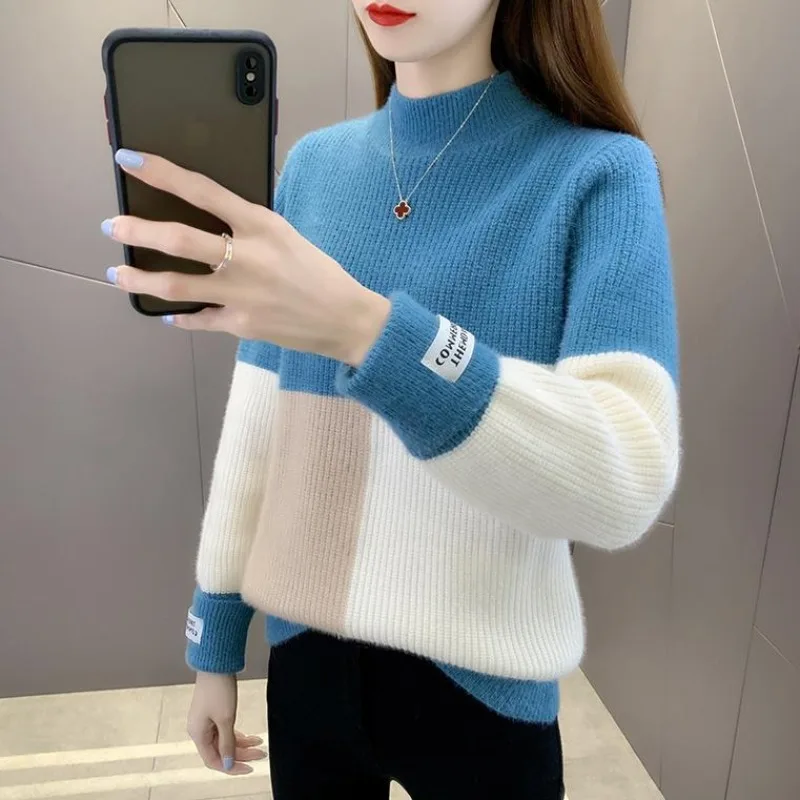 Top Trends: 2023 Autumn And Winter Women&#039;s Pullover Half High Collar Color Matching Loose Sweater Underlay Fashion Casual Long Sleeve Tops Shoppable Styles