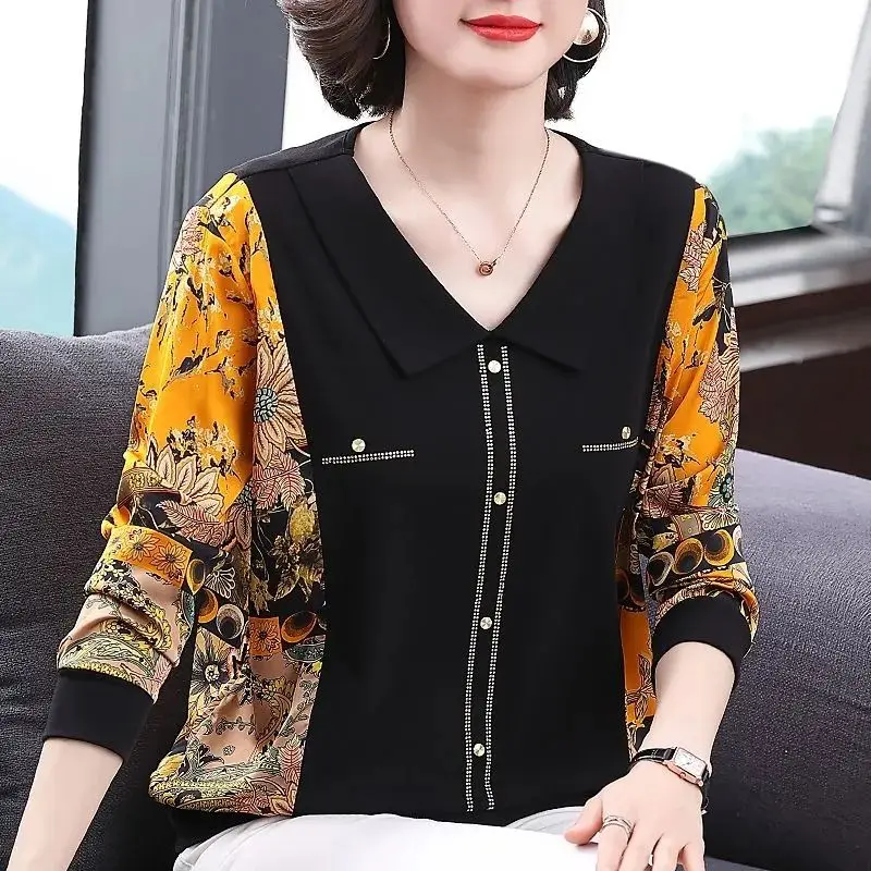 Top Trends: Vintage Floral Printed Patchwork Blouse Casual Spring Autumn New Women&#039;s Clothing Turn-down Collar Fashion Diamonds Button Shirt Shoppable Styles