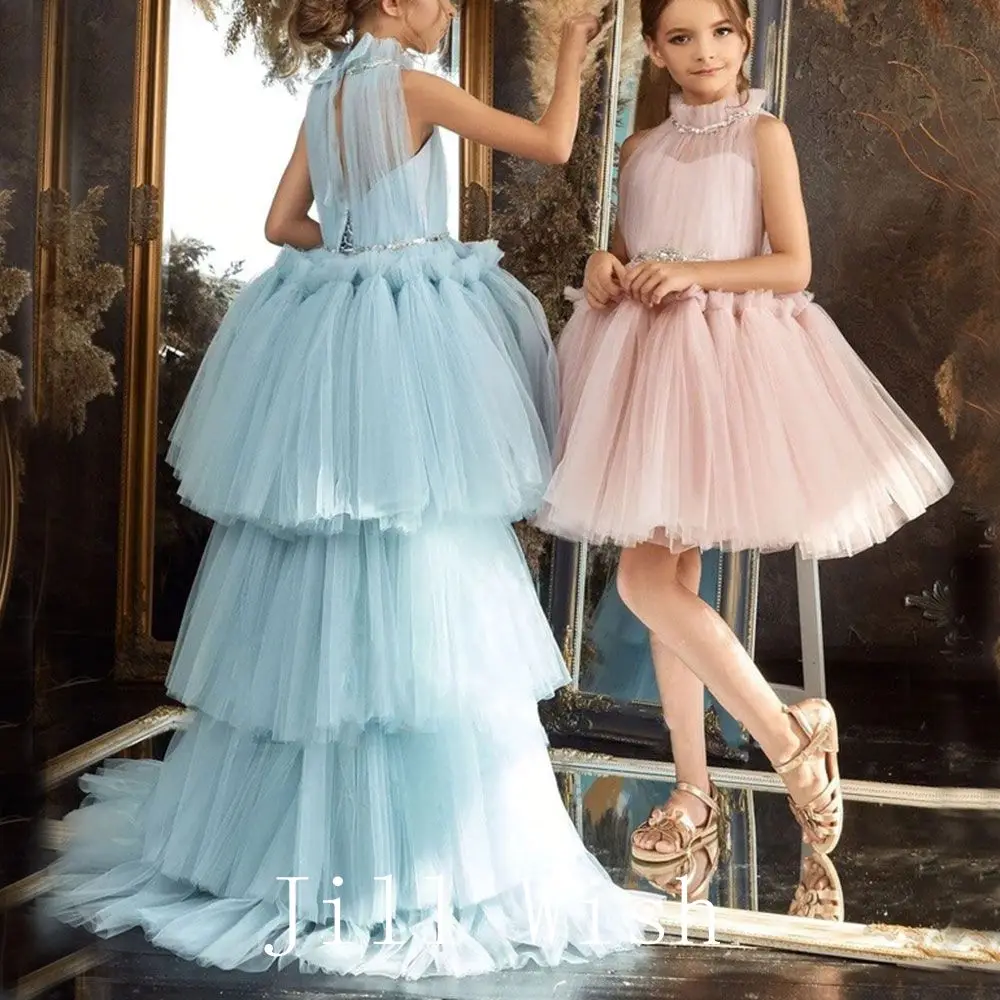 Top Trends: Jill Wish Elegant Duabi Blush Flower Girl Dress Belt Princess Blue Kids Wedding Birthday Party Evening Gown Communion 2024 J188 Shoppable Styles