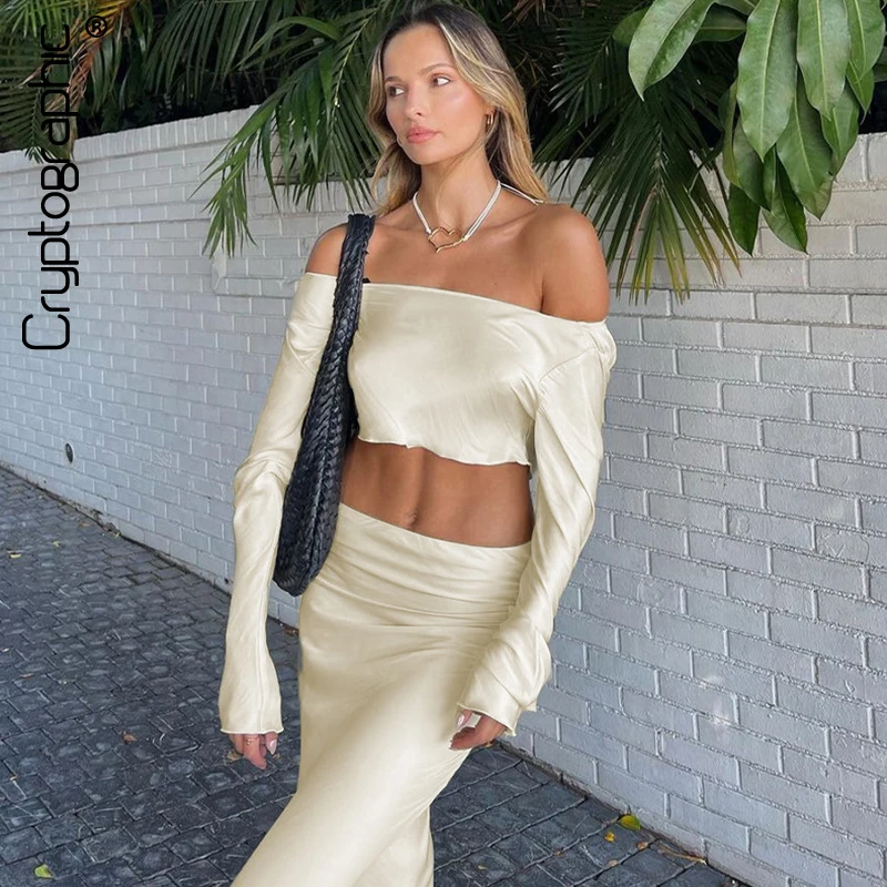 Top Trends: Cryptographic Off Shoulder Long Sleeve Top And Skirt 2 Piece Set Elegant Fashion Outfits Asymmetric Silky Co-Ords Matching Sets Shoppable Styles