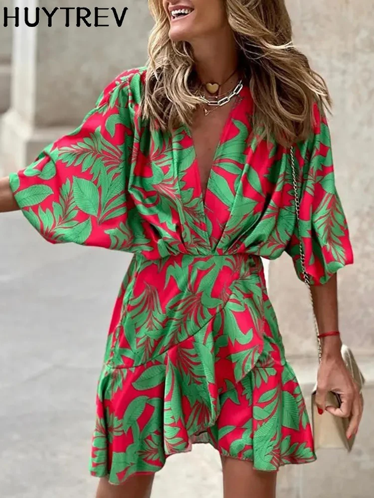 Top Trends: Spring Irregular Mini Dress For Women Fashion Print Casual Bohemia Style Vacation Sundress Women's Bat Sleeve Ruffles Dresses Shoppable Styles