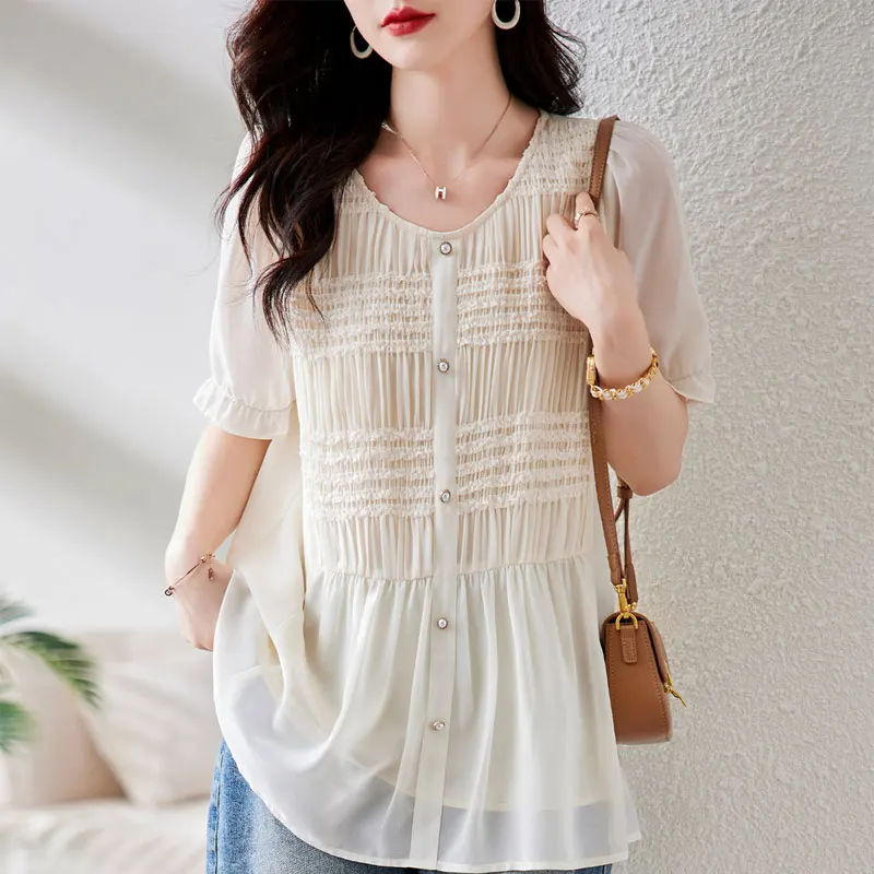 Top Trends: Stylish Solid Color Shirring Folds Shirt Summer Short Sleeve Casual Loose Spliced Women&#039;s Clothing Chic Button Round Neck Blouse Shoppable Styles