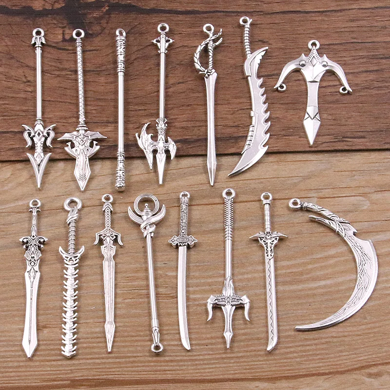 Top Trends: 10PCS 15 Styles Mixed Alloy Antique Knight Sword Knife Gun Bow Charms For Jewelry Making DIY Handmade Weapons Pendant Shoppable Styles