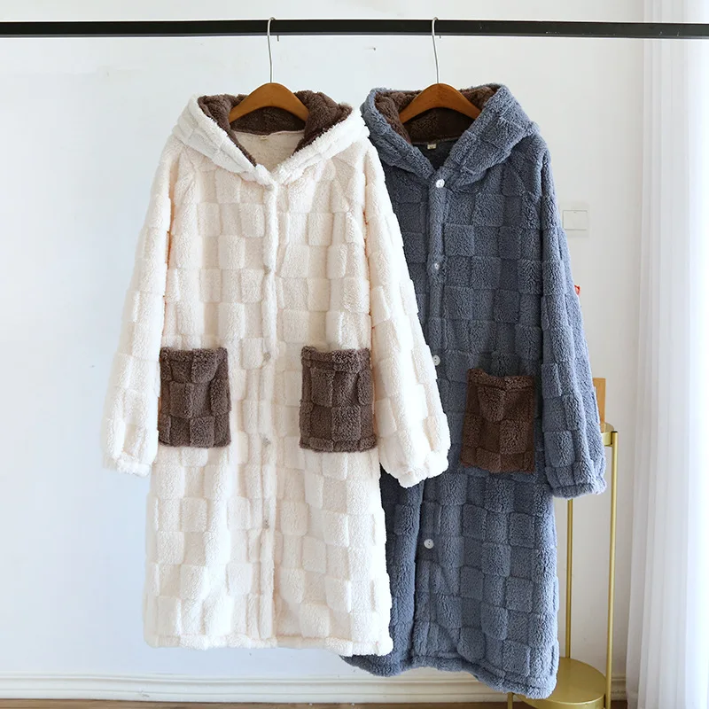 Top Trends: 2024 Autumn / Winter New Couple Coral Fleece Nightgown Pajamas For Men And Women Long Thickened Flannel Hooded Home Fur Shoppable Styles