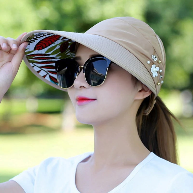 Top Trends: 2023 Summer Hats For Women Foldable Long Brim Sun Hat Pearl Flower Visor Suncreen Floppy Cap Female Outdoor Casual Baseball Cap Shoppable Styles