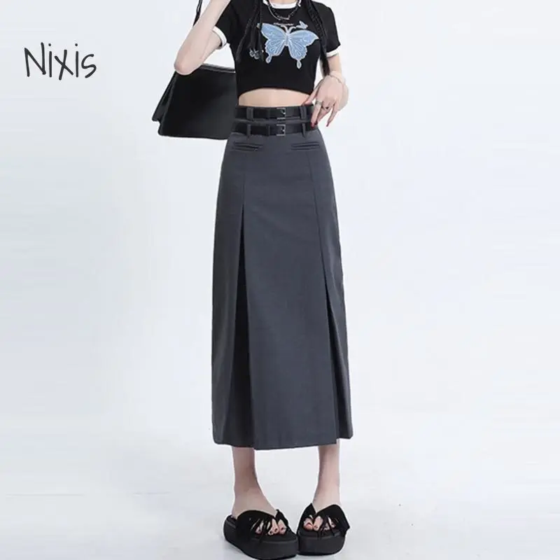 Top Trends: High Waist Midi Skirt Women Spring Summer Casual A-line Pleated Long Skirt Grey Black Fashion Korean Style Clothing Female Y2k Shoppable Styles