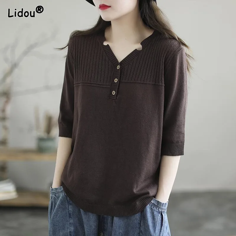 Top Trends: Casual Loose Intellectual Women's Clothing Button V-Neck Solid Broadcloth Skin Friendly T-Shirts 2022 Summer New Popularity Shoppable Styles