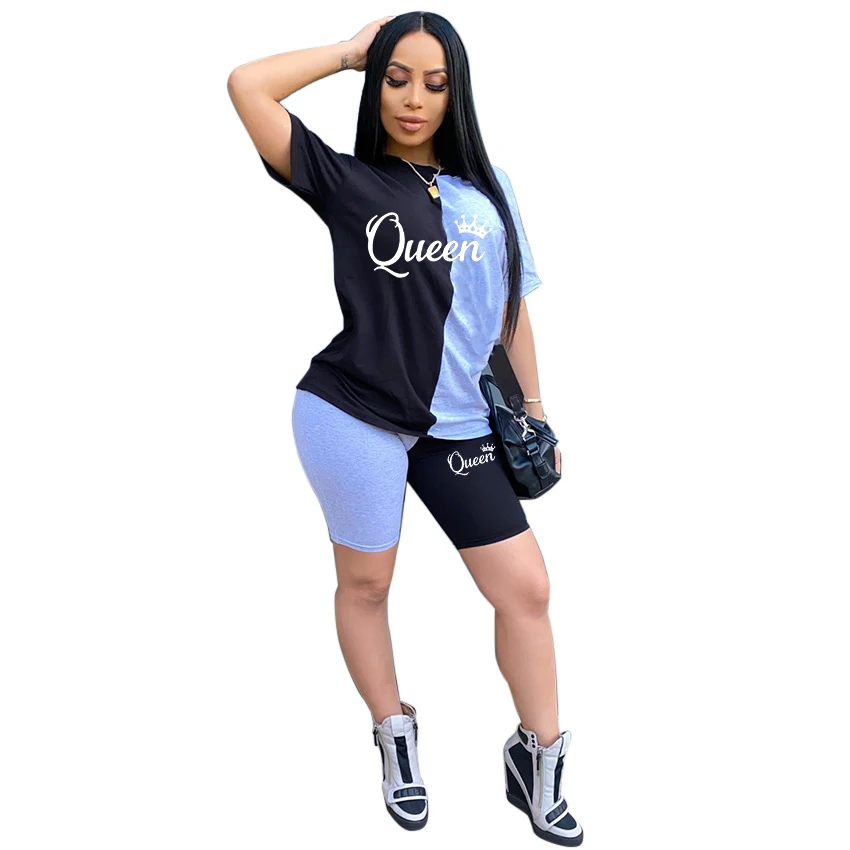 Top Trends: Women 2023 Spring Summer Clothing Fashion Sweatsuits QUEEN Shorts Two Piece Sets Outfits Splicing Short Sleeve Tracksuits Shoppable Styles - Image 3