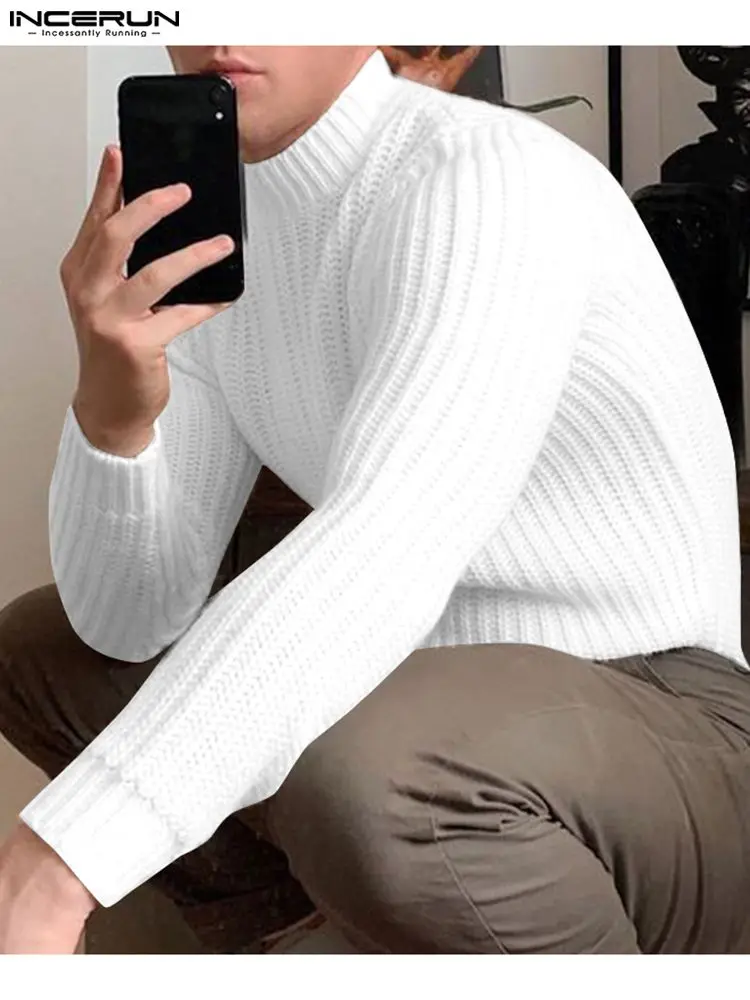 Top Trends: INCERUN Tops 2023 American Style Men&#039;s Autumn Winter Knitted Semi-high Collar Pullovers Casual Male Sleeved Solid Sweater S-5XL Shoppable Styles